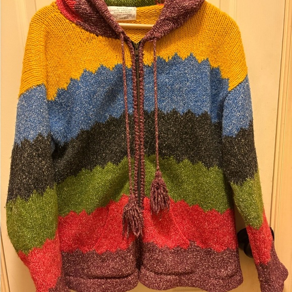 Orval Handmade 50% Wool Colorful Striped Women's Hooded Sweater Jacket EUC Sz L - Picture 1 of 13